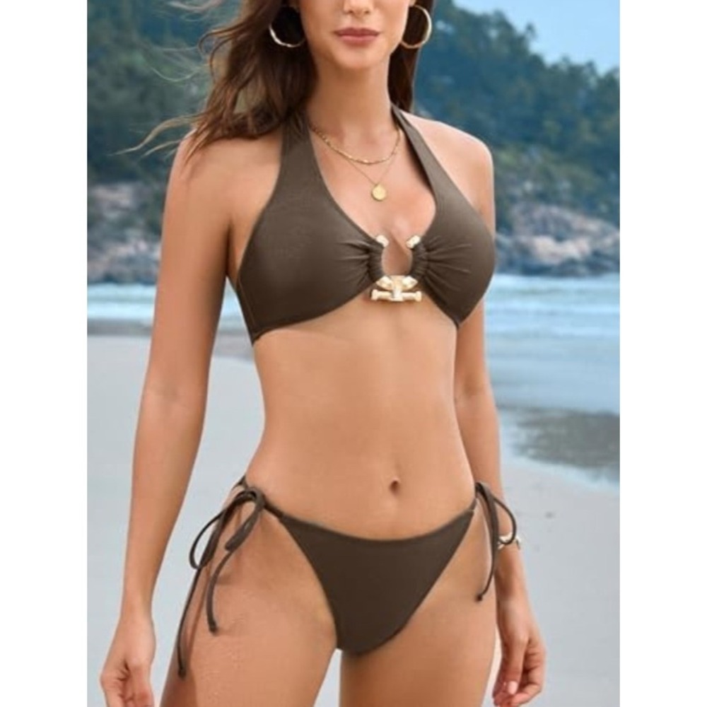 SEAMOLY Womens Brown Halter Bikini Set Gold Hardware Side Tie Swimsuit Size M